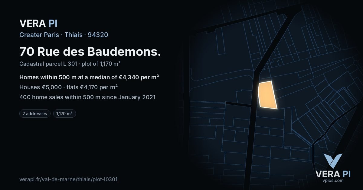 70 Rue des Baudemons, Thiais at night – the plot lit, the parcels around coloured by the prices near them