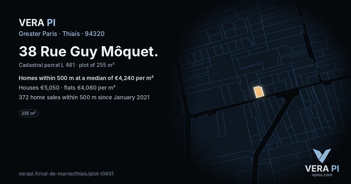 38 Rue Guy Môquet, Thiais at night – the plot lit, the parcels around coloured by the prices near them