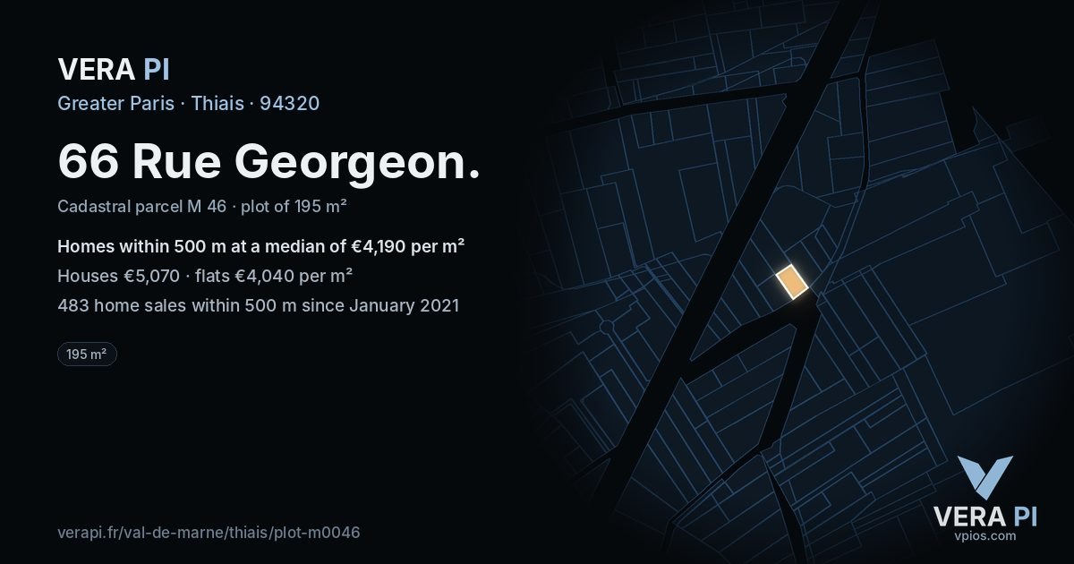 66 Rue Georgeon, Thiais at night – the plot lit, the parcels around coloured by the prices near them