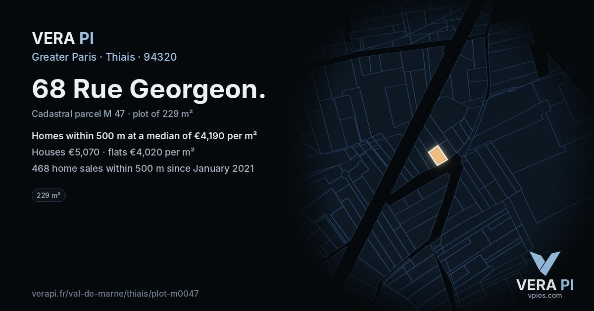 68 Rue Georgeon, Thiais at night – the plot lit, the parcels around coloured by the prices near them