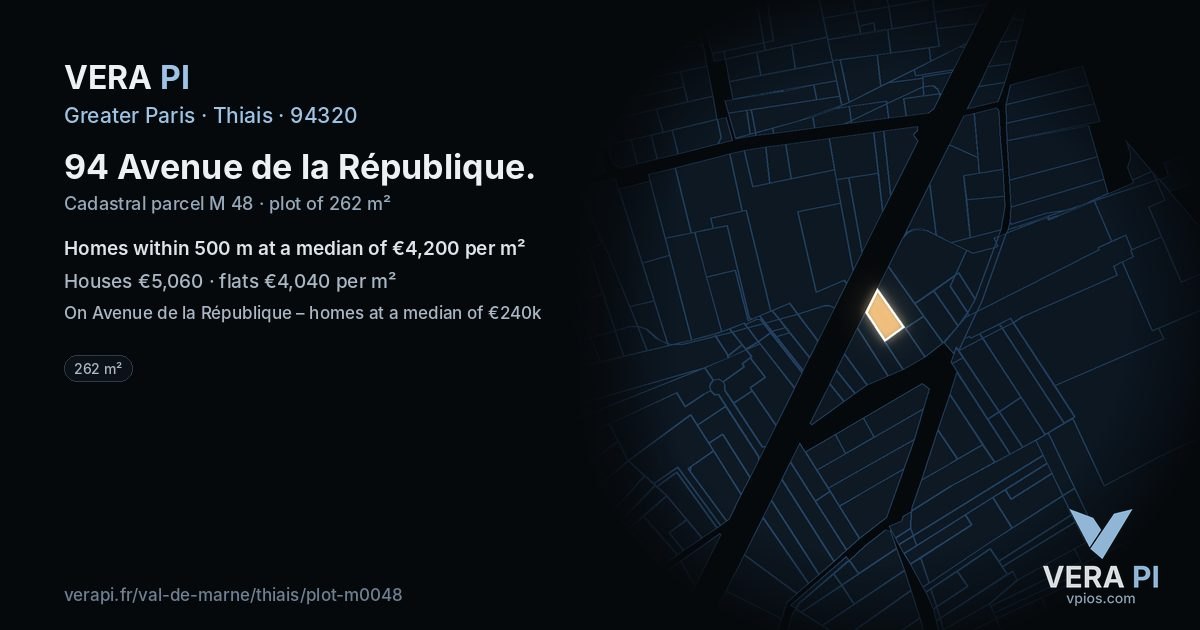 94 Avenue de la République, Thiais at night – the plot lit, the parcels around coloured by the prices near them