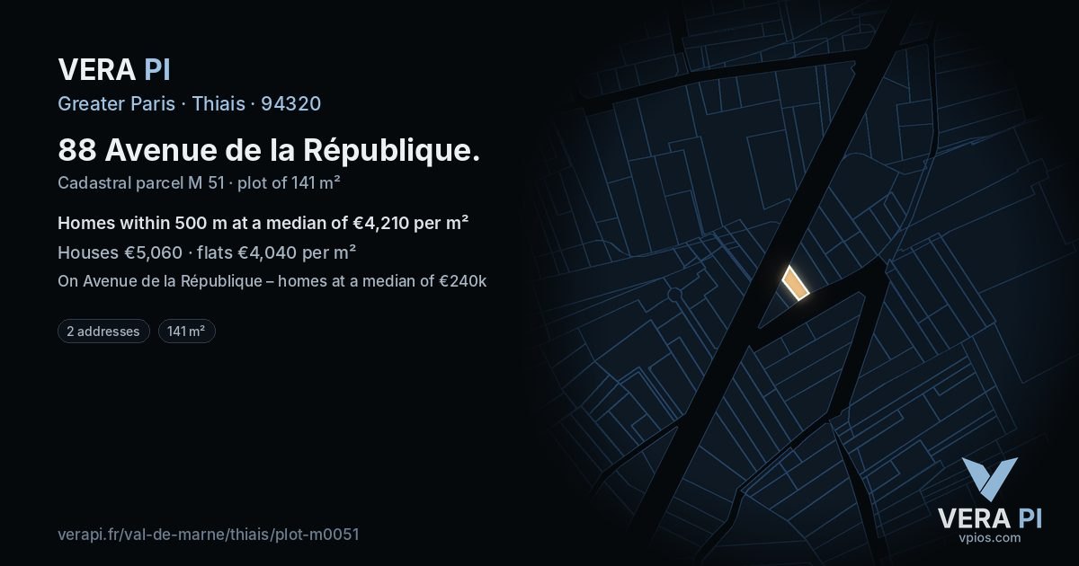 88 Avenue de la République, Thiais at night – the plot lit, the parcels around coloured by the prices near them