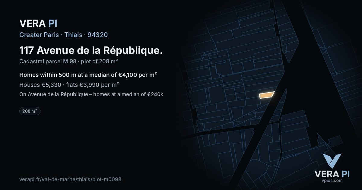 117 Avenue de la République, Thiais at night – the plot lit, the parcels around coloured by the prices near them