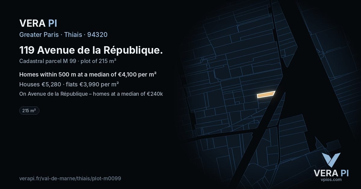 119 Avenue de la République, Thiais at night – the plot lit, the parcels around coloured by the prices near them