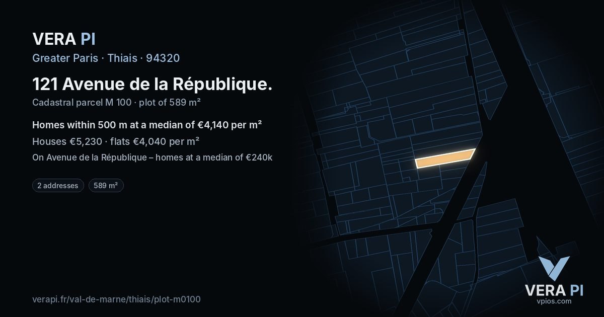 121 Avenue de la République, Thiais at night – the plot lit, the parcels around coloured by the prices near them