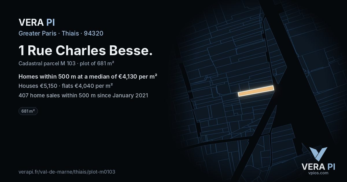1 Rue Charles Besse, Thiais at night – the plot lit, the parcels around coloured by the prices near them