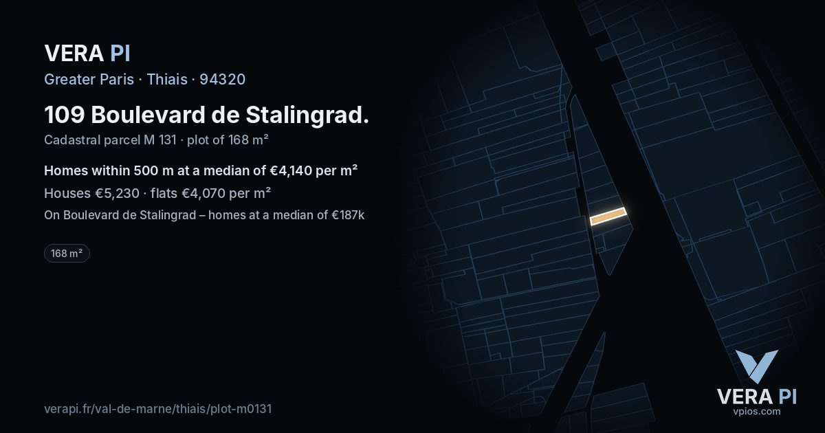109 Boulevard de Stalingrad, Thiais at night – the plot lit, the parcels around coloured by the prices near them