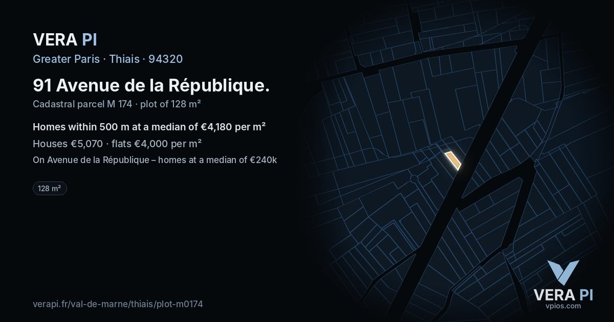 91 Avenue de la République, Thiais at night – the plot lit, the parcels around coloured by the prices near them