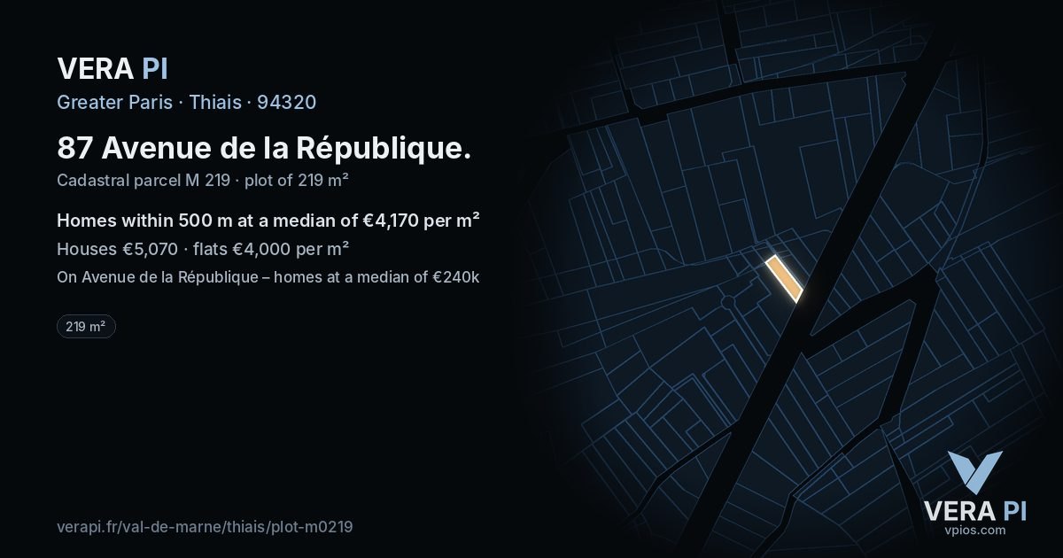 87 Avenue de la République, Thiais at night – the plot lit, the parcels around coloured by the prices near them
