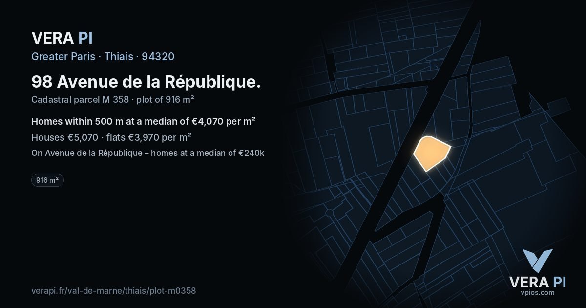 98 Avenue de la République, Thiais at night – the plot lit, the parcels around coloured by the prices near them