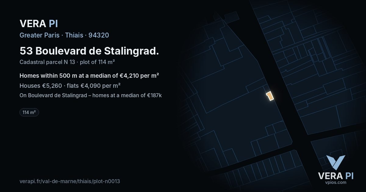 53 Boulevard de Stalingrad, Thiais at night – the plot lit, the parcels around coloured by the prices near them