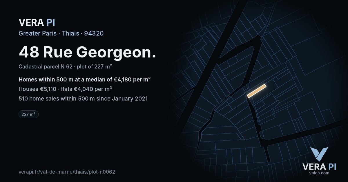 48 Rue Georgeon, Thiais at night – the plot lit, the parcels around coloured by the prices near them