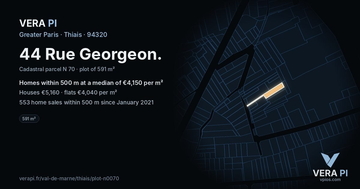 44 Rue Georgeon, Thiais at night – the plot lit, the parcels around coloured by the prices near them
