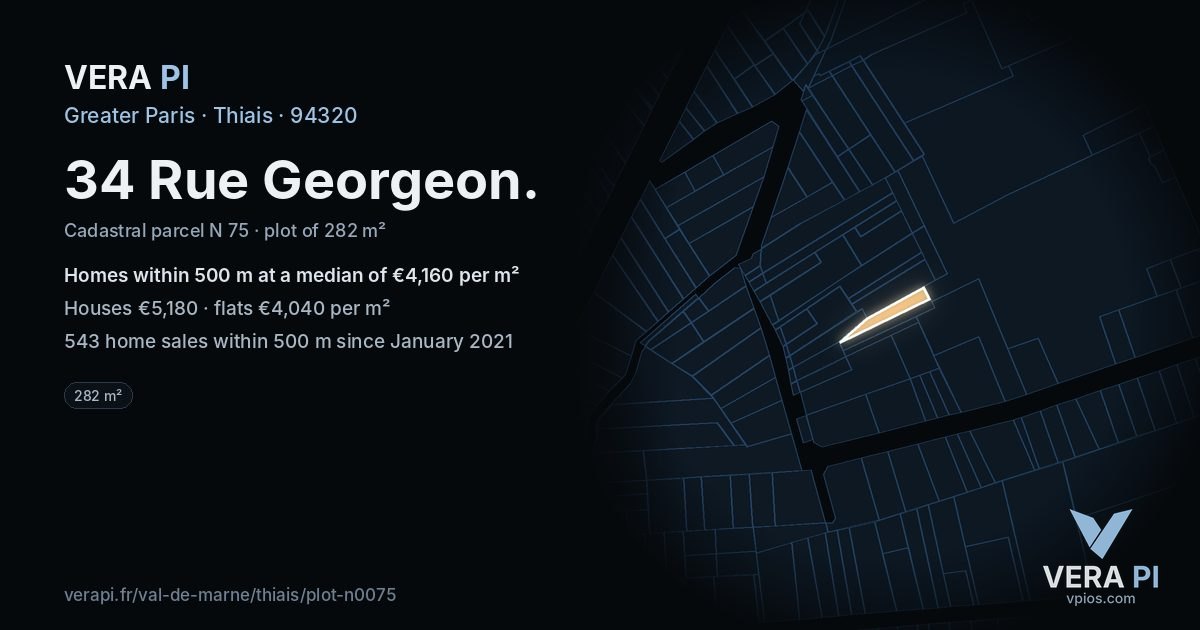 34 Rue Georgeon, Thiais at night – the plot lit, the parcels around coloured by the prices near them
