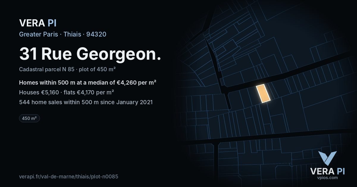31 Rue Georgeon, Thiais at night – the plot lit, the parcels around coloured by the prices near them