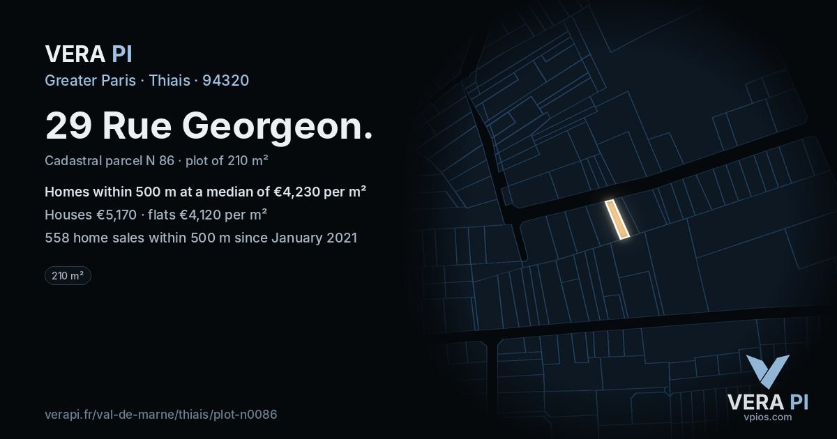 29 Rue Georgeon, Thiais at night – the plot lit, the parcels around coloured by the prices near them
