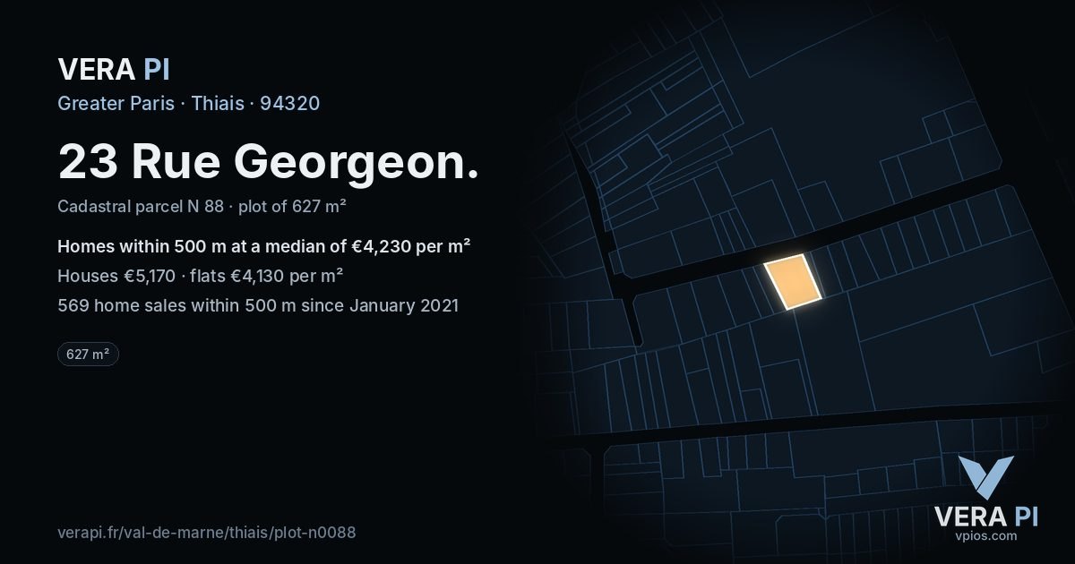 23 Rue Georgeon, Thiais at night – the plot lit, the parcels around coloured by the prices near them