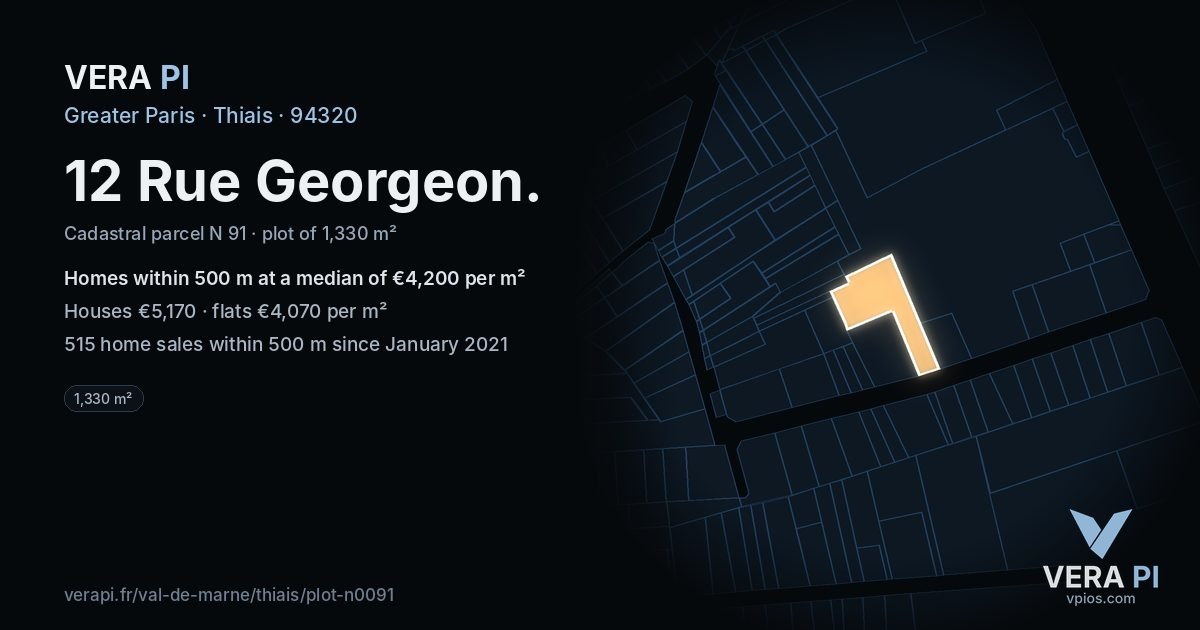 12 Rue Georgeon, Thiais at night – the plot lit, the parcels around coloured by the prices near them