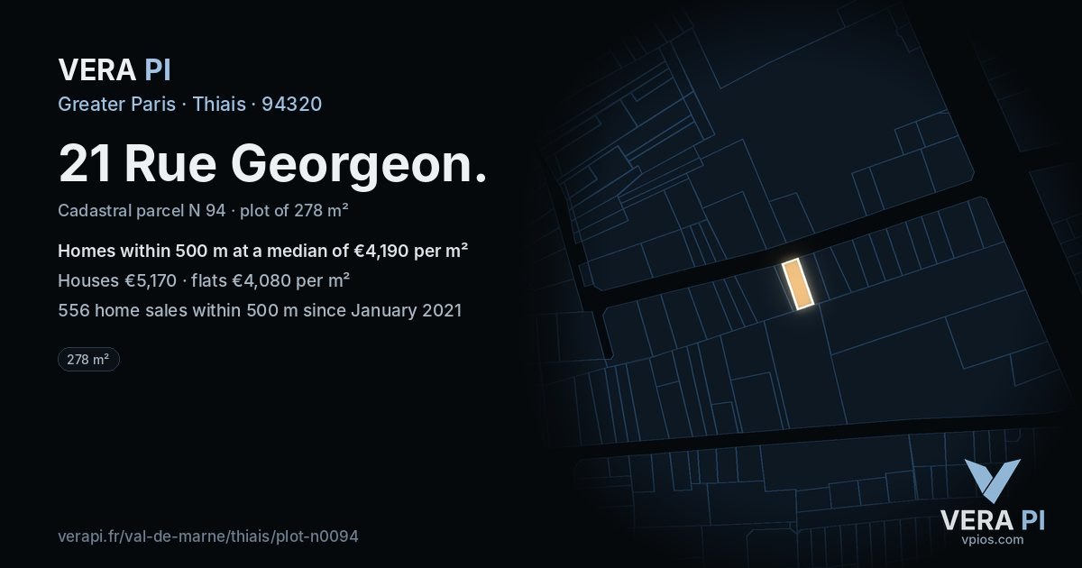 21 Rue Georgeon, Thiais at night – the plot lit, the parcels around coloured by the prices near them