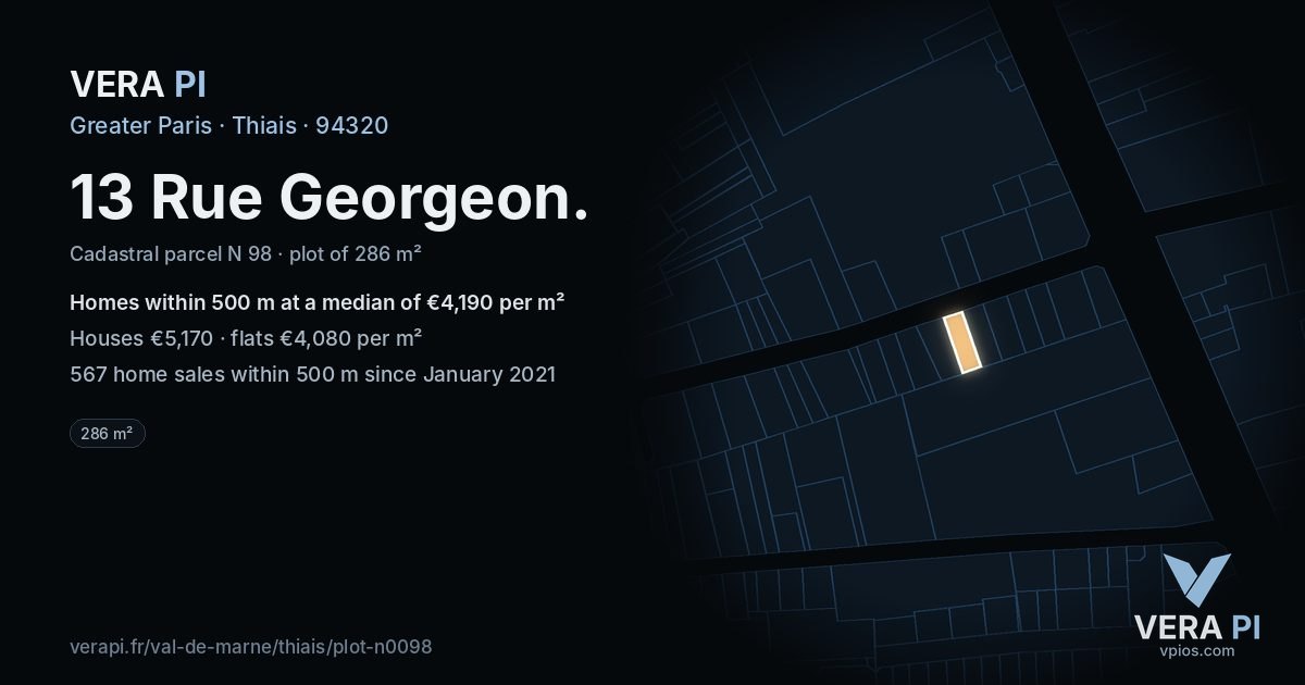 13 Rue Georgeon, Thiais at night – the plot lit, the parcels around coloured by the prices near them