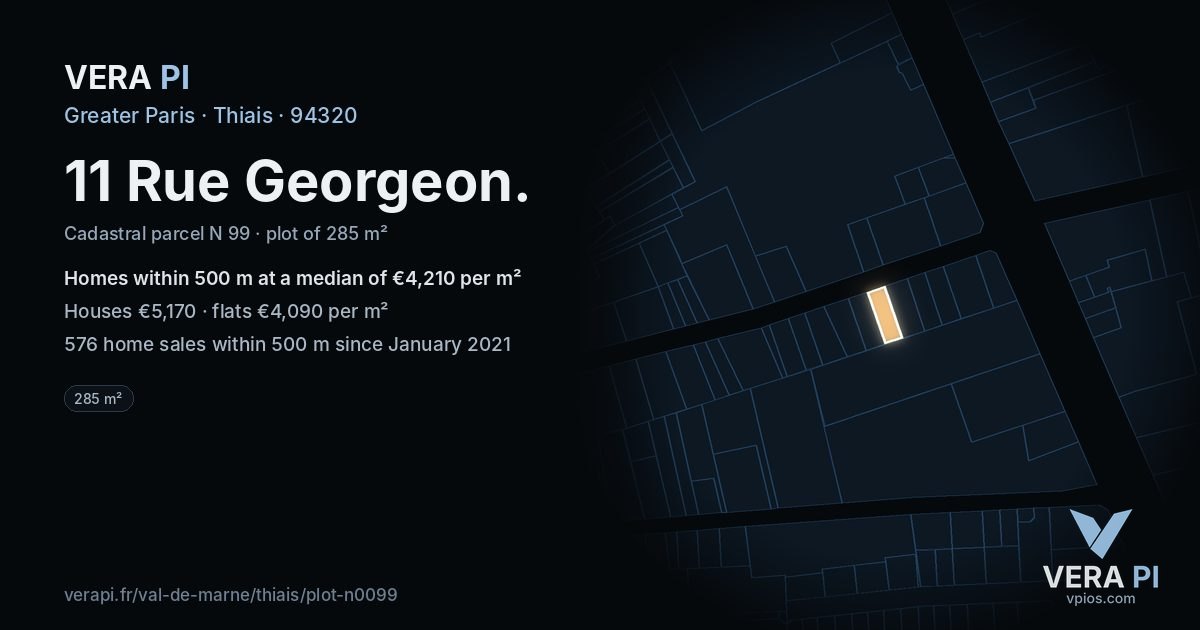 11 Rue Georgeon, Thiais at night – the plot lit, the parcels around coloured by the prices near them