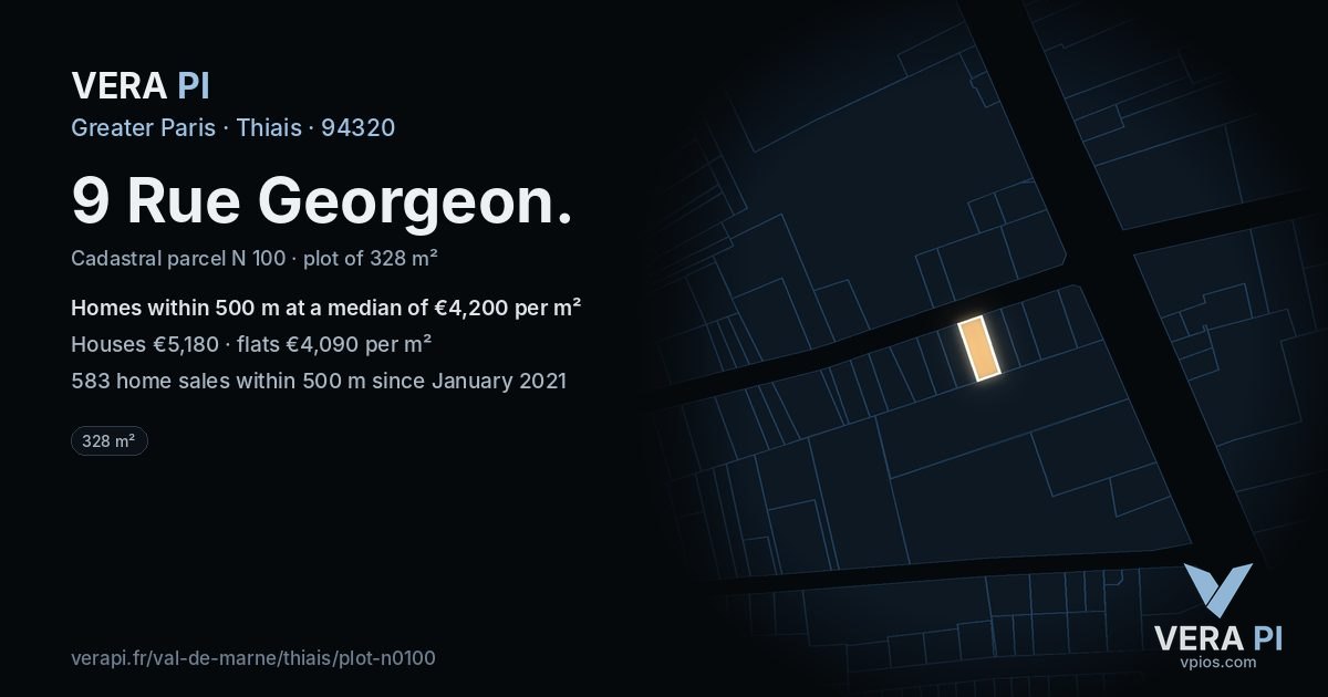 9 Rue Georgeon, Thiais at night – the plot lit, the parcels around coloured by the prices near them