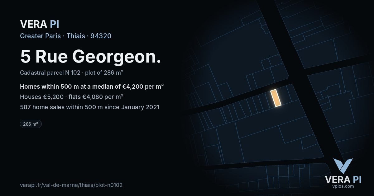 5 Rue Georgeon, Thiais at night – the plot lit, the parcels around coloured by the prices near them