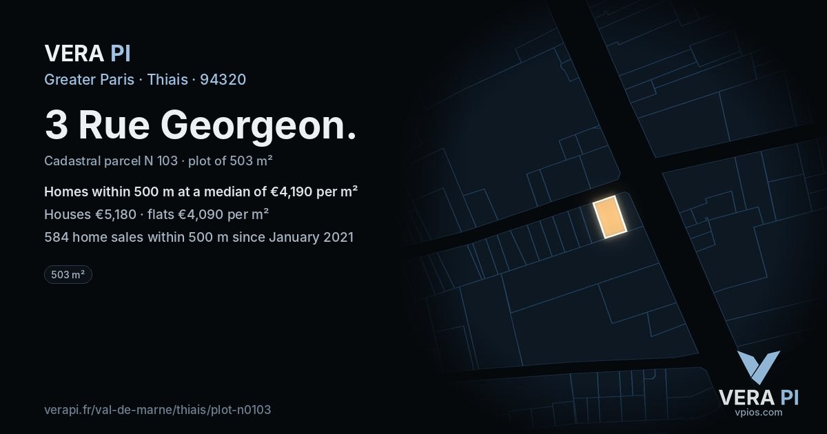 3 Rue Georgeon, Thiais at night – the plot lit, the parcels around coloured by the prices near them