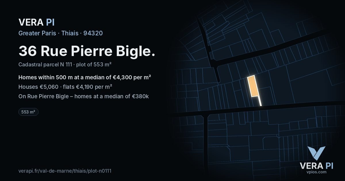 36 Rue Pierre Bigle, Thiais at night – the plot lit, the parcels around coloured by the prices near them