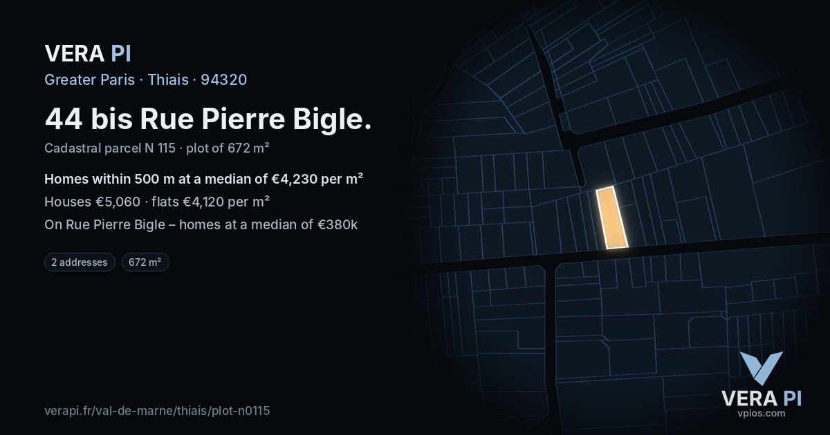 44 bis Rue Pierre Bigle, Thiais at night – the plot lit, the parcels around coloured by the prices near them