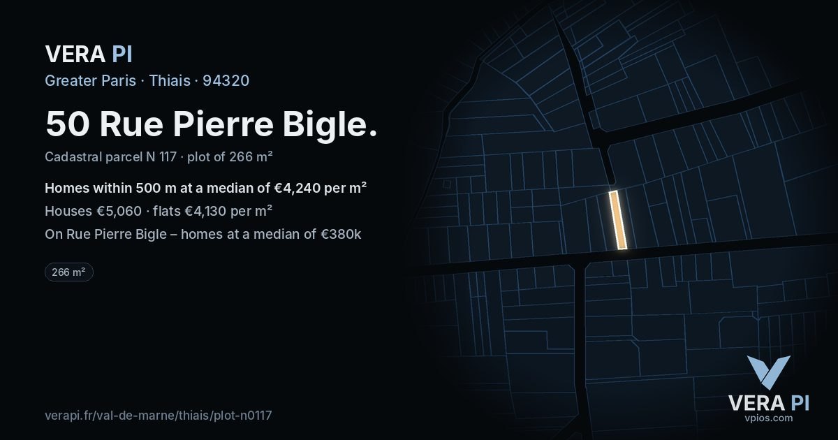 50 Rue Pierre Bigle, Thiais at night – the plot lit, the parcels around coloured by the prices near them