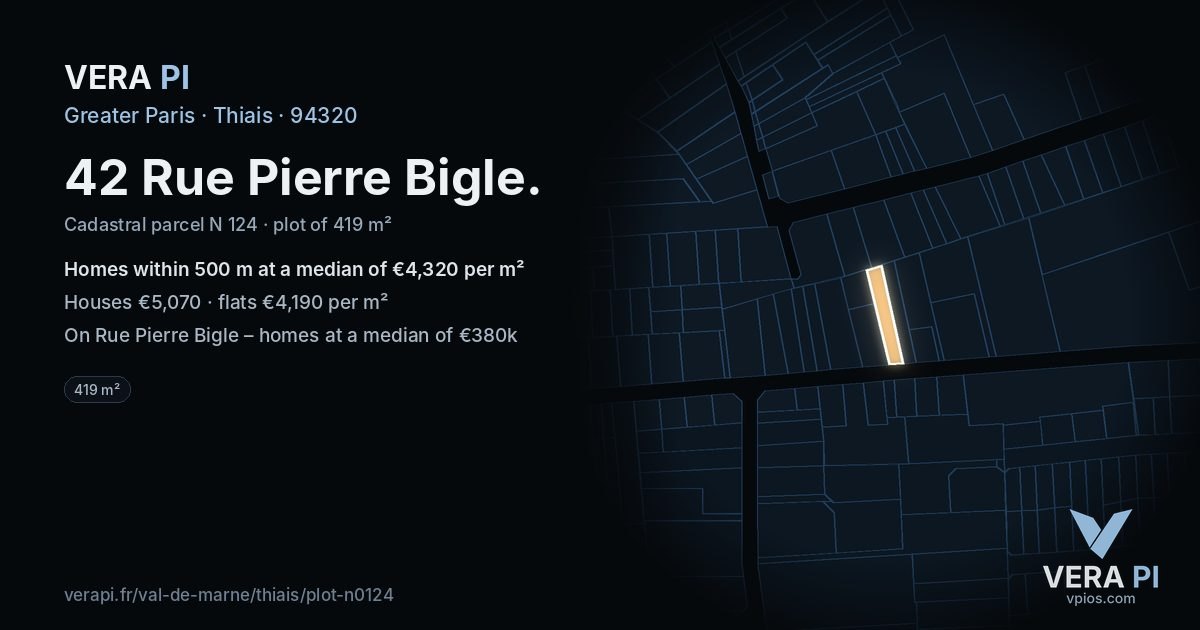 42 Rue Pierre Bigle, Thiais at night – the plot lit, the parcels around coloured by the prices near them