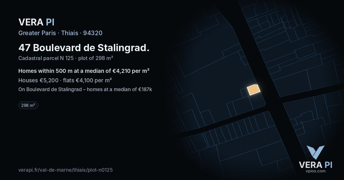 47 Boulevard de Stalingrad, Thiais at night – the plot lit, the parcels around coloured by the prices near them
