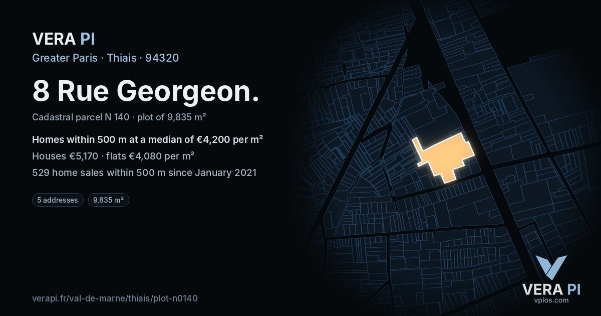 8 Rue Georgeon, Thiais at night – the plot lit, the parcels around coloured by the prices near them