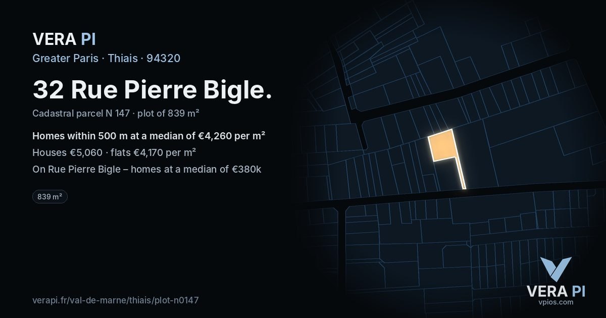 32 Rue Pierre Bigle, Thiais at night – the plot lit, the parcels around coloured by the prices near them