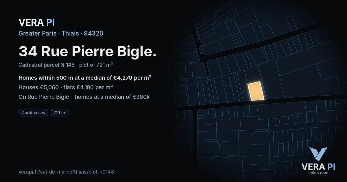 34 Rue Pierre Bigle, Thiais at night – the plot lit, the parcels around coloured by the prices near them