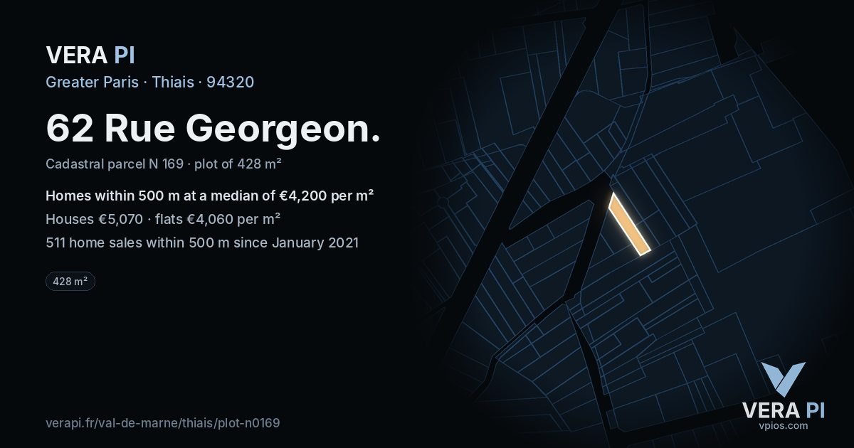 62 Rue Georgeon, Thiais at night – the plot lit, the parcels around coloured by the prices near them