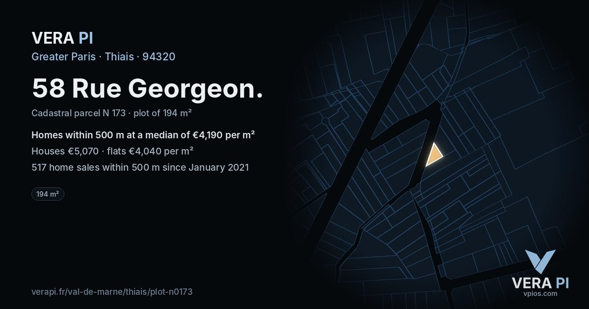 58 Rue Georgeon, Thiais at night – the plot lit, the parcels around coloured by the prices near them