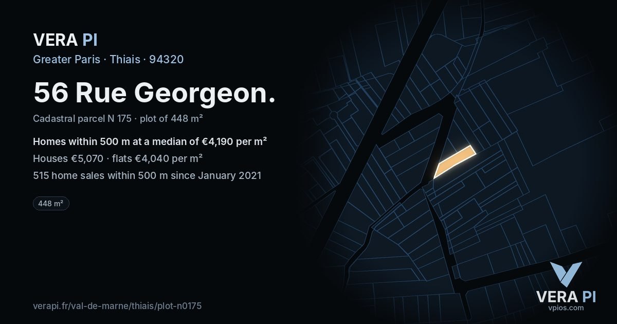 56 Rue Georgeon, Thiais at night – the plot lit, the parcels around coloured by the prices near them