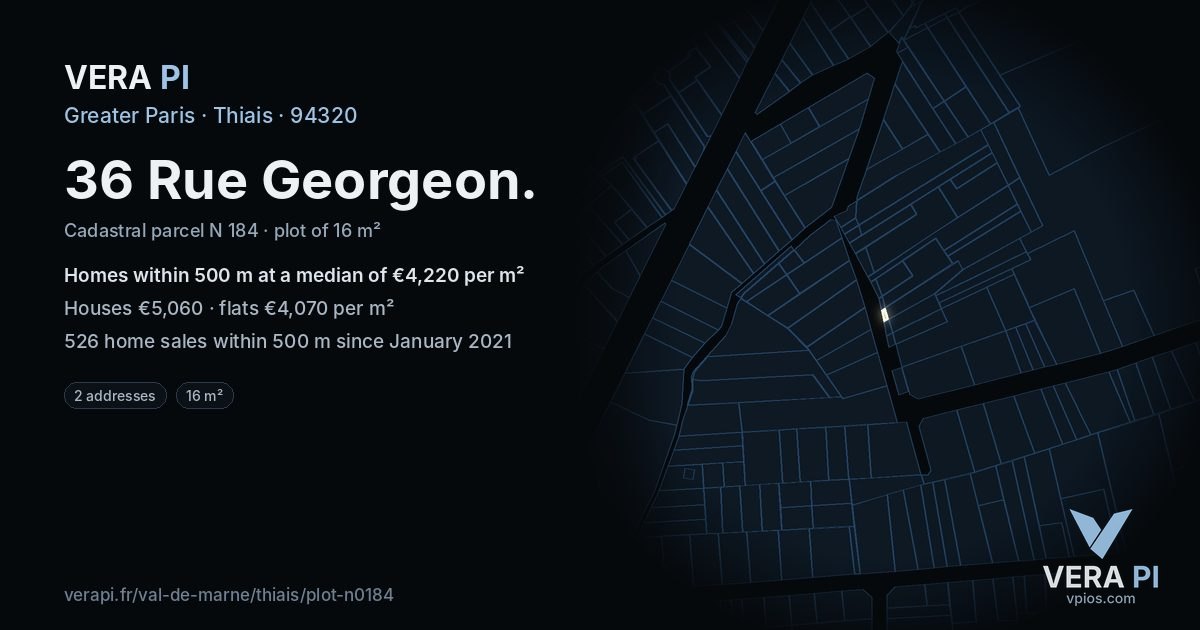 36 Rue Georgeon, Thiais at night – the plot lit, the parcels around coloured by the prices near them