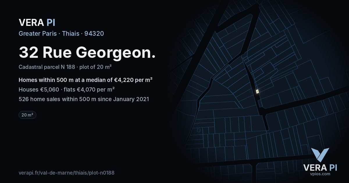 32 Rue Georgeon, Thiais at night – the plot lit, the parcels around coloured by the prices near them