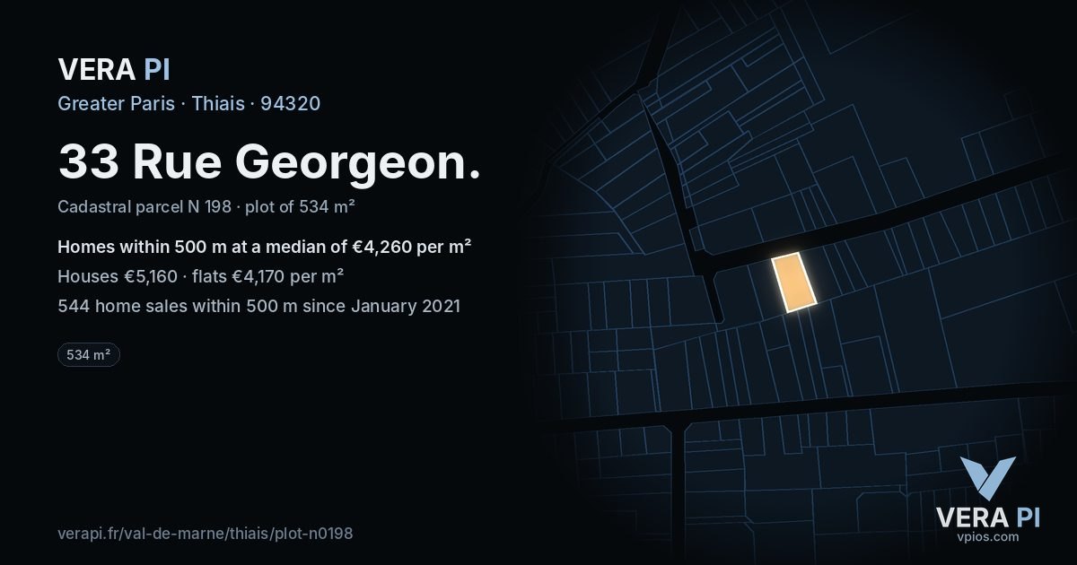 33 Rue Georgeon, Thiais at night – the plot lit, the parcels around coloured by the prices near them