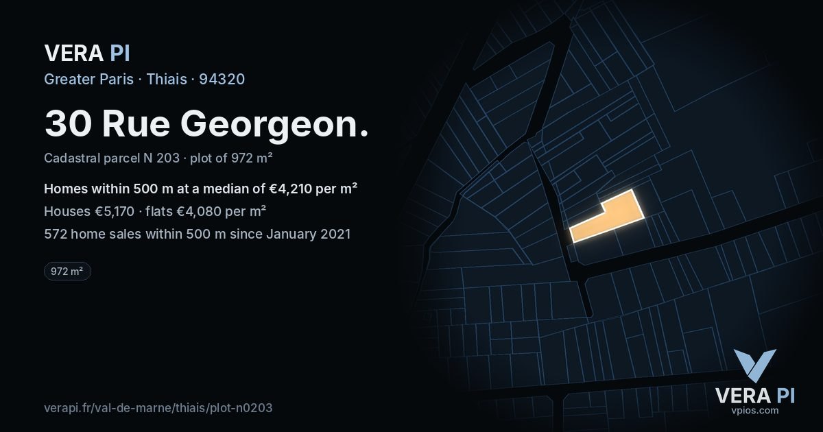 30 Rue Georgeon, Thiais at night – the plot lit, the parcels around coloured by the prices near them