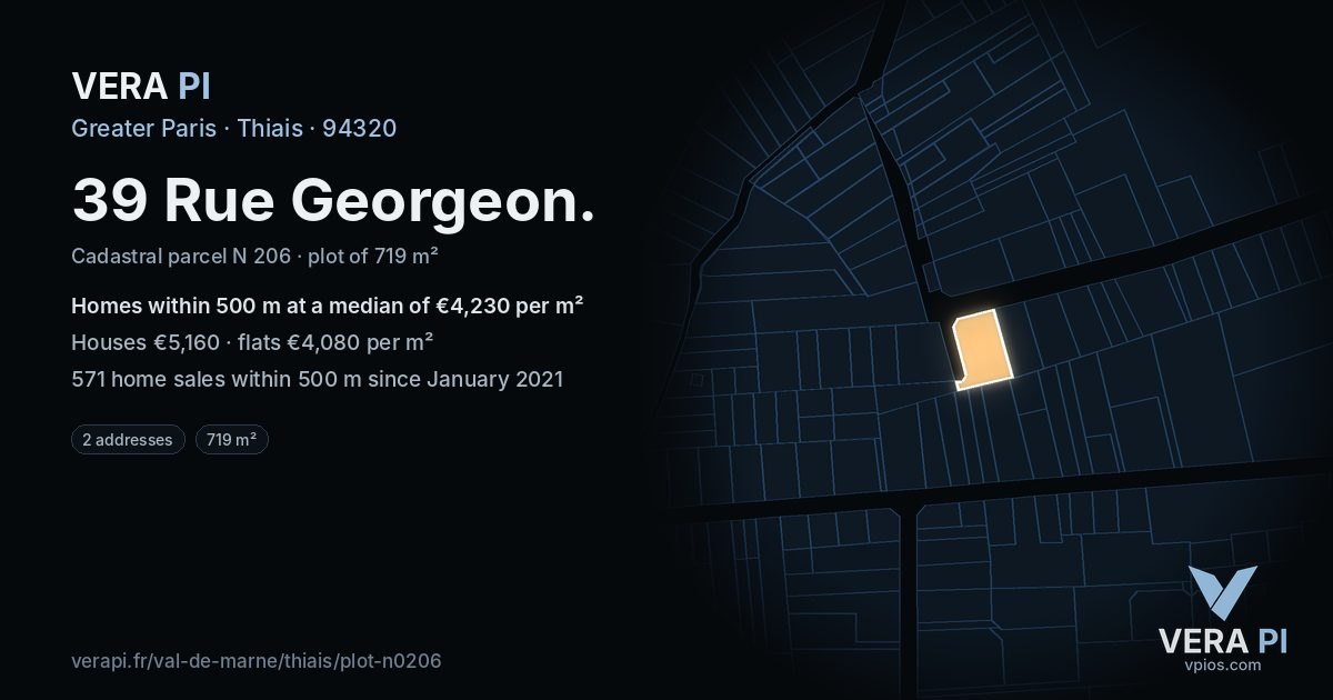 39 Rue Georgeon, Thiais at night – the plot lit, the parcels around coloured by the prices near them