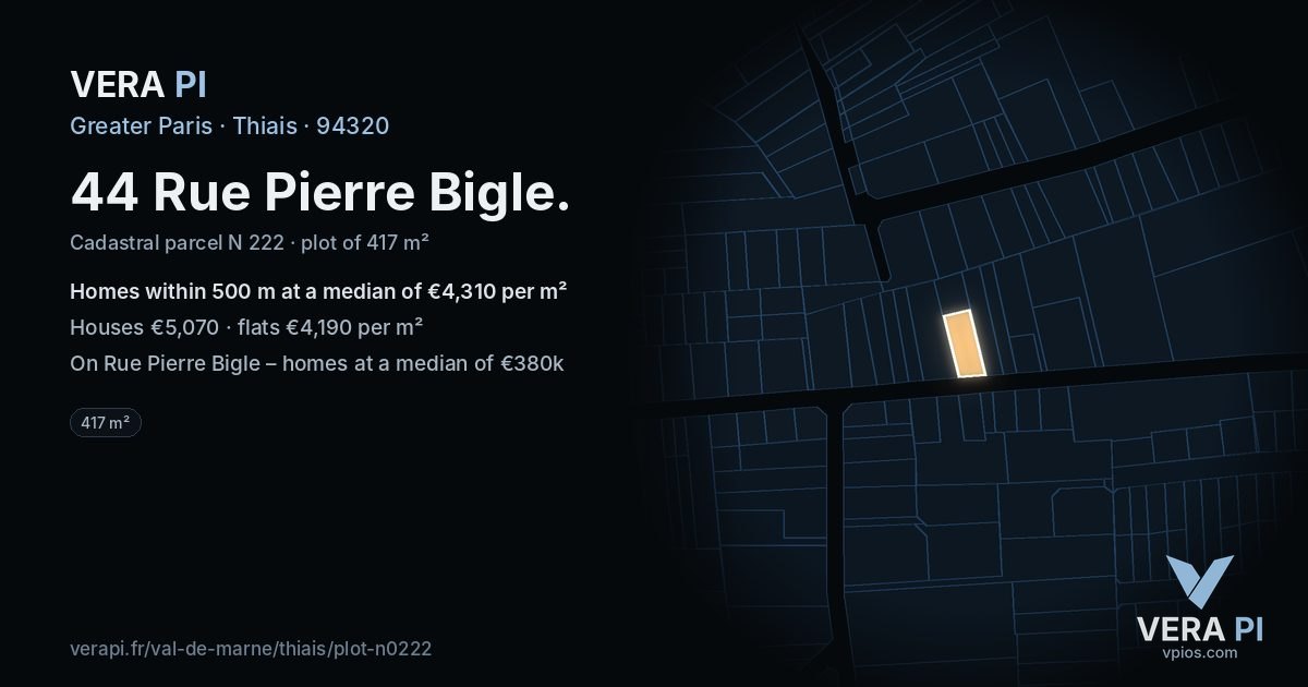 44 Rue Pierre Bigle, Thiais at night – the plot lit, the parcels around coloured by the prices near them