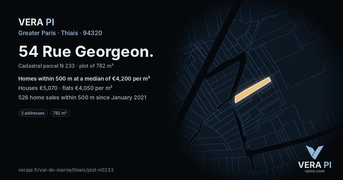 54 Rue Georgeon, Thiais at night – the plot lit, the parcels around coloured by the prices near them