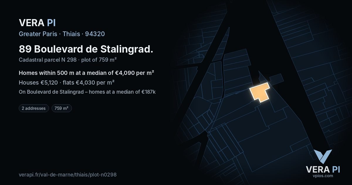 89 Boulevard de Stalingrad, Thiais at night – the plot lit, the parcels around coloured by the prices near them