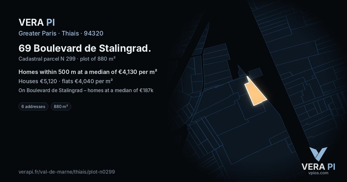 69 Boulevard de Stalingrad, Thiais at night – the plot lit, the parcels around coloured by the prices near them