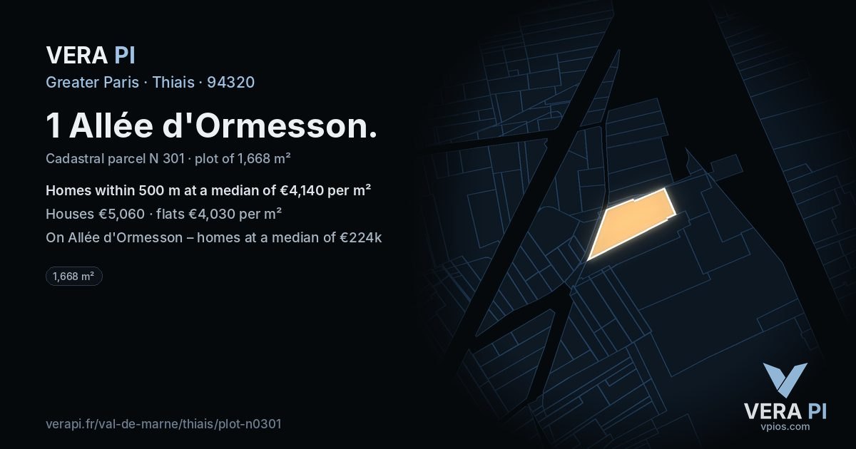 1 Allée d'Ormesson, Thiais at night – the plot lit, the parcels around coloured by the prices near them