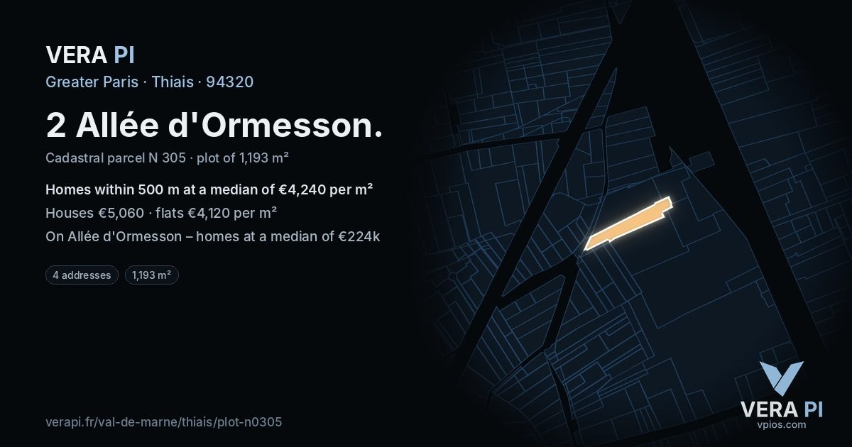 2 Allée d'Ormesson, Thiais at night – the plot lit, the parcels around coloured by the prices near them